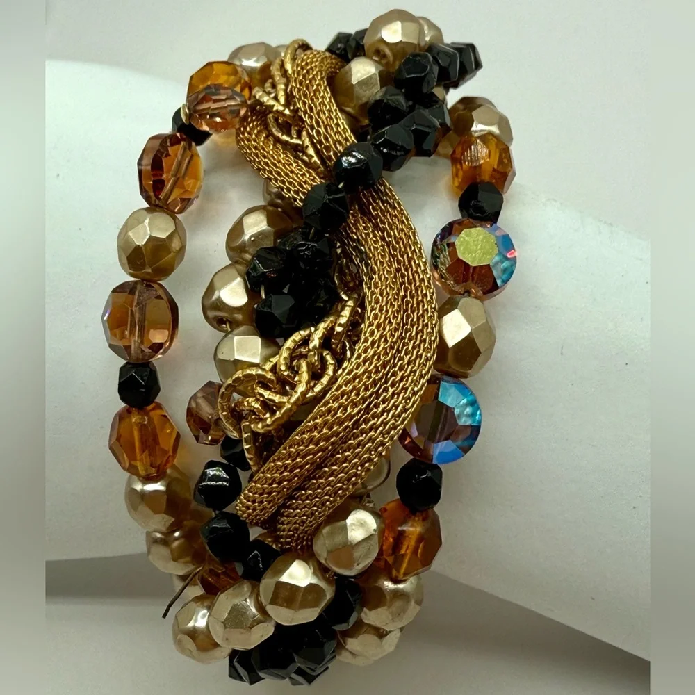 Bohemian Mixed Media Multi-Strand Wire Bracelet Adjustable Glass, AB, Gold Tone